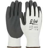 A set of PIP G-Tek ECO Yarn/Spandex MicroSurface Grip Gloves 31-530R, designed in white and gray, featuring a nitrile-coated grip for enhanced durability. These work gloves are constructed from recycled yarn for environmentally friendly performance and are marked with safety standards and size information on the back.