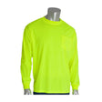 A mannequin is dressed in the PIP Non-ANSI Long Sleeve T-Shirt 310-1100 by Protective Industrial Products, showcasing a vibrant neon yellow color that's ideal for construction safety. It features a convenient pocket on the left chest and is set against a plain white backdrop.