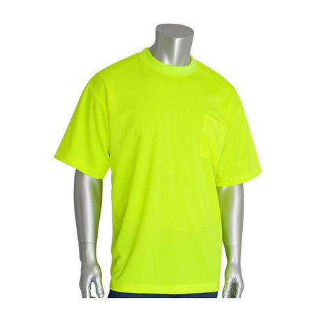 A shiny mannequin showcases the PIP - Protective Industrial Products Non-ANSI Short Sleeve T-Shirt 310-CNTSN in hi-vis yellow, crafted from polyester birdseye mesh and featuring a small chest pocket, set against a plain white background.