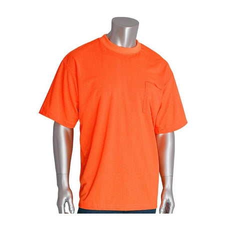 The mannequin features a PIP - Protective Industrial Products Non-ANSI Short Sleeve T-Shirt 310-CNTSN in a vibrant orange hue, complete with a left-side pocket. Its polyester birdseye mesh fabric contrasts strikingly against the plain white background.