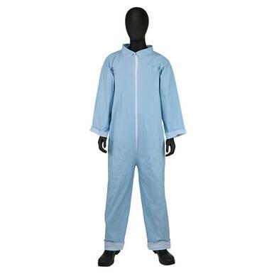 A mannequin is dressed in a PIP Posi-Wear FR Basic Coverall 3100, colored light blue, featuring a front zipper and set against a plain white backdrop. This flame-retardant coverall from Protective Industrial Products enhances safety in diverse environments.