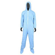 A mannequin is dressed in a light blue PIP Posi-Wear FR Coverall with Hood and Boots 3109, featuring a front zipper. This flame-retardant clothing from Protective Industrial Products has long sleeves and covers the feet, offering comprehensive protection.