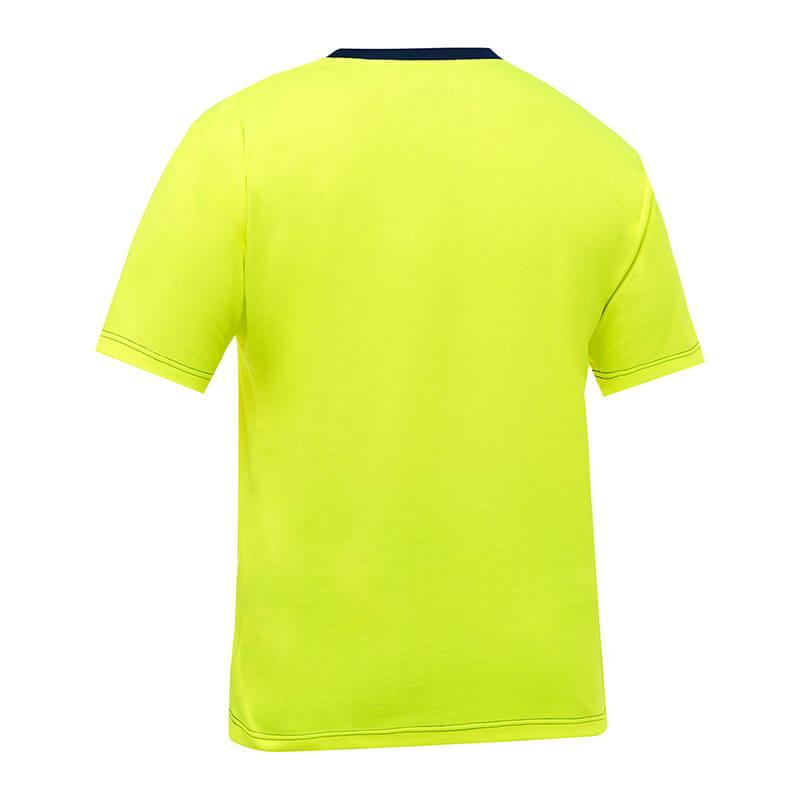 The PIP Bisley Non-ANSI Short Sleeve T-Shirt 310M1118, offered by Protective Industrial Products (PIP), is displayed from the back and features hi-vis yellow with a black collar, along with antimicrobial treatment for enhanced freshness.