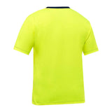 The PIP Bisley Non-ANSI Short Sleeve T-Shirt 310M1118, offered by Protective Industrial Products (PIP), is displayed from the back and features hi-vis yellow with a black collar, along with antimicrobial treatment for enhanced freshness.