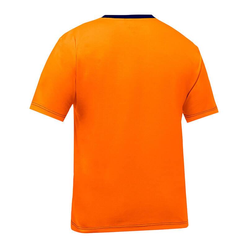 The back view of the PIP Bisley Non-ANSI Short Sleeve T-Shirt 310M1118 showcases a high-visibility orange design with a contrasting black collar. This shirt from PIP - Protective Industrial Products features short sleeves and straightforward stitching near the cuffs and hem, crafted from smooth, lightweight fabric treated with an antimicrobial process.