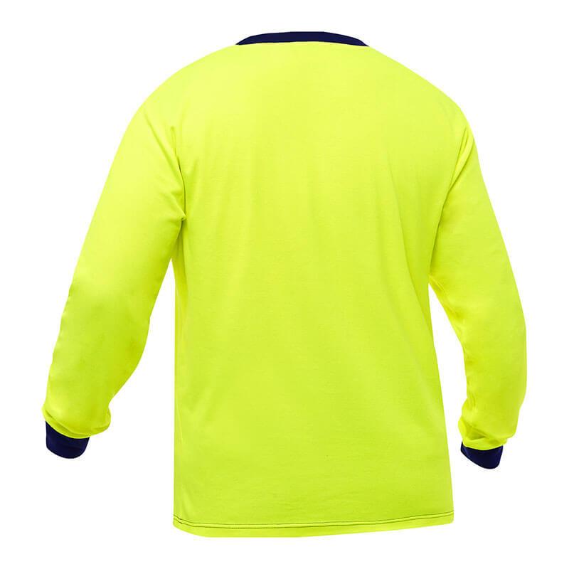 The PIP Bisley Non-ANSI Long Sleeve Shirt 310M6118 by PIP - Protective Industrial Products is displayed from the back, highlighting its long sleeves and hi-vis yellow color with a contrasting black collar and cuffs. Its simple design accentuates the vibrant yellow while incorporating Fresche antimicrobial treatment for enhanced freshness.