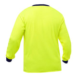 The PIP Bisley Non-ANSI Long Sleeve Shirt 310M6118 by PIP - Protective Industrial Products is displayed from the back, highlighting its long sleeves and hi-vis yellow color with a contrasting black collar and cuffs. Its simple design accentuates the vibrant yellow while incorporating Fresche antimicrobial treatment for enhanced freshness.