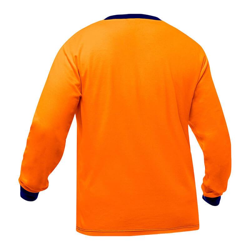 Back view of the PIP Bisley Non-ANSI Long Sleeve Shirt 310M6118 in bright orange, showcasing navy blue cuffs and neckline, enhanced with Fresche antimicrobial treatment for added freshness.