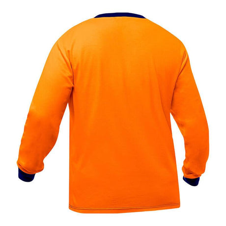 Back view of the PIP Bisley Non-ANSI Long Sleeve Shirt 310M6118 in bright orange, showcasing navy blue cuffs and neckline, enhanced with Fresche antimicrobial treatment for added freshness.