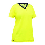 The PIP Bisley Non-ANSI Women's Short Sleeve T-Shirt 310W1118 by Protective Industrial Products showcases a vibrant yellow V-neck with contrasting dark trim around the collar and noticeable stitching. Enhanced with antimicrobial treatment, it ensures all-day freshness. A small logo tag at the bottom hem adds a stylish touch.