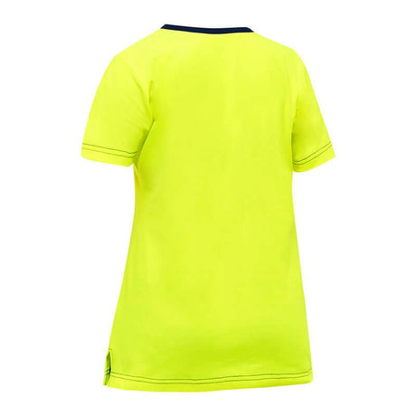 The PIP Bisley Non-ANSI Women's Short Sleeve T-Shirt 310W1118, by Protective Industrial Products, is displayed from the back in a vibrant yellow color. It features short sleeves with black trimming along the collar. Made from performance wicking fabric, it has subtle stitching details and includes a small black logo near the hem on the left side.