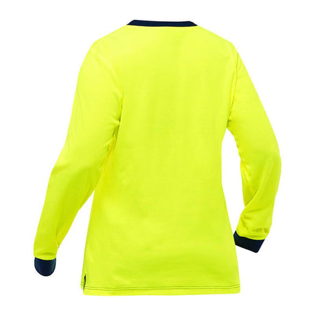 The PIP Bisley Non-ANSI Women's Long Sleeve Shirt 310W6118, from Protective Industrial Products, showcases a back view in vibrant hi-vis yellow. It is accented with dark blue cuffs and a collar. The shirt has a plain design with no logos, and it includes an antimicrobial treatment to ensure lasting freshness.