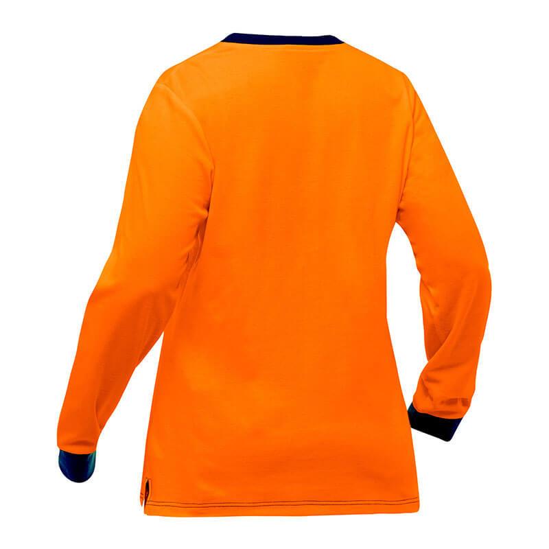 The product displayed is the PIP Bisley Non-ANSI Women's Long Sleeve Shirt 310W6118 by Protective Industrial Products, showcasing a back view with high-visibility yellow and orange fabric, complemented by navy blue cuffs and a collar. It features antimicrobial treatment and is set against a plain white background.