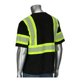 A mannequin showcases the PIP ANSI Type 0 Class 1 Short Sleeve T-Shirt 311-1655 by Protective Industrial Products, which is a black tee with vibrant yellow reflective stripes on the back and sleeves, designed for enhanced visibility. This high-visibility apparel adheres to ANSI/ISEA 107 Class 1 standards and features moisture-wicking fabric for maximum safety and comfort.