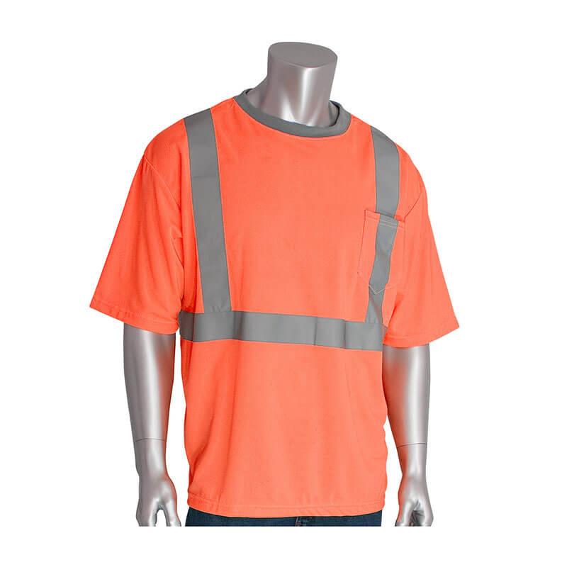 A mannequin displays the PIP Class 2 Short Sleeve T-shirt, showcasing its orange hi-visibility design with gray reflective tape across the chest and shoulders. This crew neck shirt is made from polyester mesh and includes a handy chest pocket on the left side, ensuring both functionality and safety.