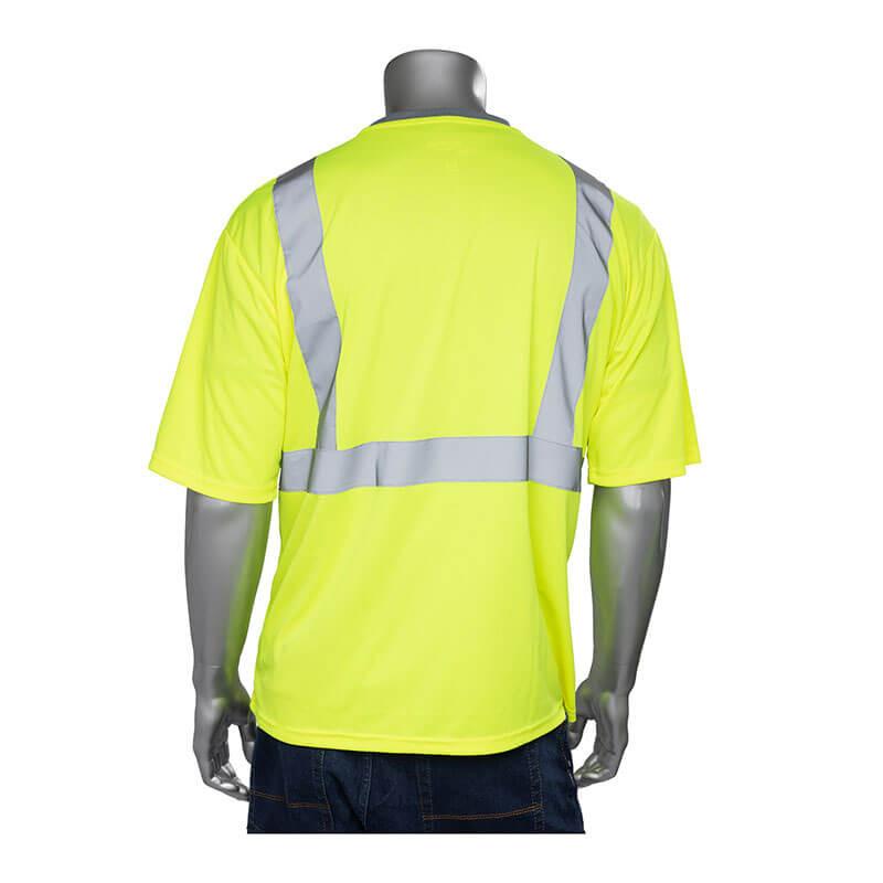 A mannequin showcases a PIP Class 2 short sleeve T-shirt in bright yellow, made from polyester mesh, and featuring reflective silver stripes on the back. This hi-visibility apparel by Protective Industrial Products stands out against a plain white background.