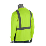 A mannequin presents the PIP Black Bottom T-Shirt by Protective Industrial Products, highlighted in a fluorescent yellow-green with long sleeves and adorned with gray reflective stripes arranged in vertical and horizontal patterns on the back, set against a plain white background. This ANSI/ISEA 107 Class 2 shirt guarantees both visibility and safety.