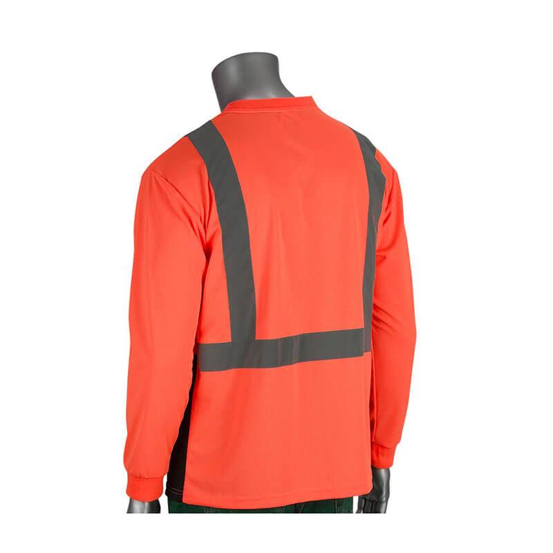 A mannequin showcases the PIP Black Bottom T-Shirt by Protective Industrial Products, featuring hi-visibility with an orange long-sleeve design and black reflective stripes on the back, providing UPF 50+ protection.