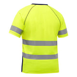 The PIP Bisley Short Sleeve T-Shirt w/Navy Bottom 312M1118T by Protective Industrial Products is a high-visibility safety shirt in bright yellow, designed with short sleeves and crafted from performance wicking fabric. It features reflective gray stripes around the torso and sleeves, meeting ANSI Type R Class 2 standards. Displayed from the back, it highlights its reflective bands effectively.