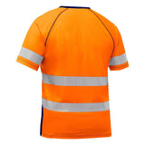 The PIP Bisley Short Sleeve T-Shirt w/Navy Bottom 312M1118T, crafted by Protective Industrial Products, is a bright orange safety shirt made from performance wicking fabric. It features reflective silver stripes across the back and sleeves for enhanced visibility, meeting ANSI Type R Class 2 standards to ensure improved safety in various work environments.