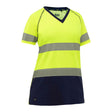 The PIP Bisley Women's Short Sleeve T-Shirt w/Navy Bottom 312W1118T, by Protective Industrial Products, offers a vivid yellow upper section accented with two silver reflective stripes across the chest and waist, meeting ANSI Class 2 standards. The lower navy blue section enhances the V-neck design, providing both style and high visibility.