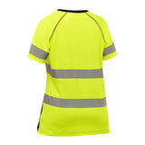 The PIP Bisley Women's Short Sleeve T-Shirt w/Navy Bottom 312W1118T, from Protective Industrial Products, is designed as a high-visibility t-shirt in bright yellow. It features two reflective horizontal stripes across the back and similar stripes on the short sleeves, alongside a black neckline, and meets ANSI Class 2 Hi-Vis Apparel standards.