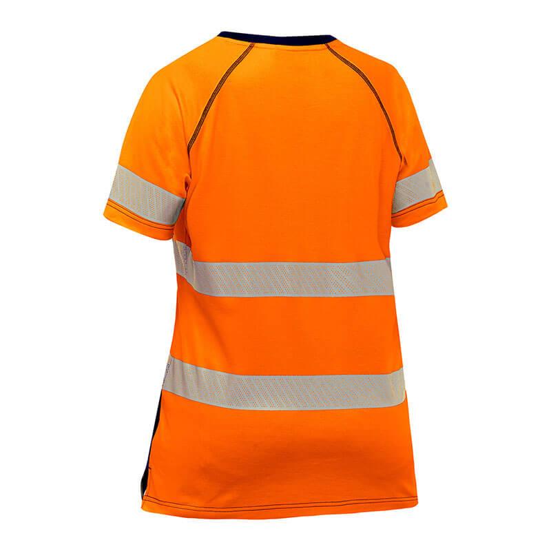 Back view of the PIP Bisley Women's Short Sleeve T-Shirt with a navy bottom, featuring reflective horizontal stripes across the back and sleeves. The shirt displays black trim accents on the seams and neckline. As an ANSI Class 2 Hi-Vis Apparel by Protective Industrial Products, it ensures maximum visibility in safety-focused environments.