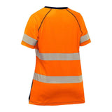 Back view of the PIP Bisley Women's Short Sleeve T-Shirt with a navy bottom, featuring reflective horizontal stripes across the back and sleeves. The shirt displays black trim accents on the seams and neckline. As an ANSI Class 2 Hi-Vis Apparel by Protective Industrial Products, it ensures maximum visibility in safety-focused environments.