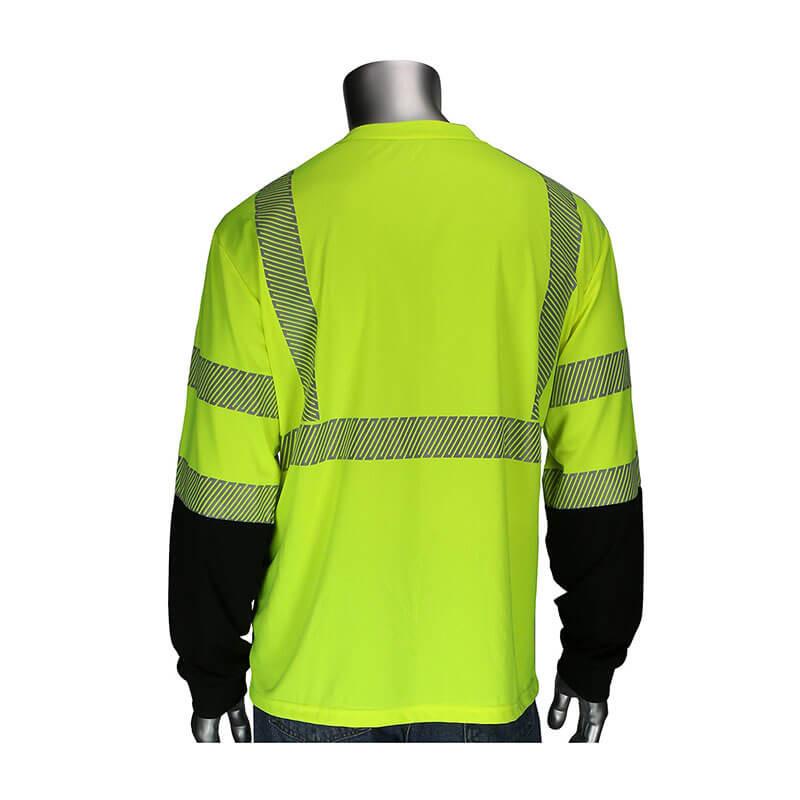 A mannequin displays the PIP ANSI Type R Class 3 Black Bottom Long Sleeve T-shirt by Protective Industrial Products, featuring neon yellow with reflective stripes and black lower sleeves, showcased from the back.