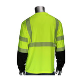 A mannequin displays the PIP ANSI Type R Class 3 Black Bottom Long Sleeve T-shirt by Protective Industrial Products, featuring neon yellow with reflective stripes and black lower sleeves, showcased from the back.