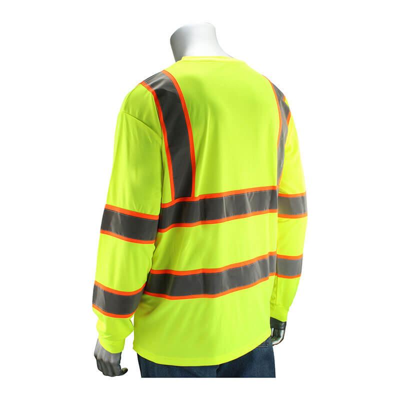 The mannequin showcases the PIP ANSI Type R Class 3 Two-Tone Long Sleeve T-Shirt 313-1345 by Protective Industrial Products. This safety shirt, in vibrant neon yellow, is enhanced with reflective gray and orange stripes. Crafted from performance wicking fabric for comfort, it complies with ANSI Type R Class 3 standards. The back view against a plain white background reveals that it fully covers both the arms and torso.