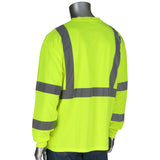 A mannequin displays the PIP ANSI Type R Class 3 Black Bottom Shirt w/50+ UPF 313-1390B by Protective Industrial Products. This hi-visibility apparel features a bright yellow design with gray reflective stripes on the back and sleeves, meeting ANSI Type R Class 3 standards for maximum visibility and providing UPF sun protection for enhanced safety.