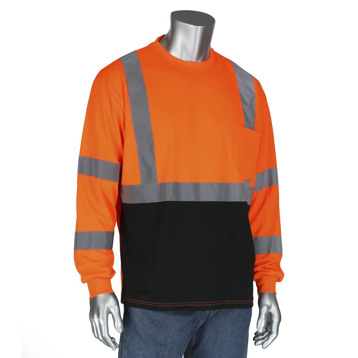 A mannequin wears a PIP ANSI Type R Class 3 Black Bottom Shirt w/50+ UPF 313-1390B, an orange long-sleeve safety shirt with reflective gray stripes adhering to hi-visibility standards from PIP - Protective Industrial Products, paired with blue jeans.