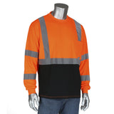 A mannequin wears a PIP ANSI Type R Class 3 Black Bottom Shirt w/50+ UPF 313-1390B, an orange long-sleeve safety shirt with reflective gray stripes adhering to hi-visibility standards from PIP - Protective Industrial Products, paired with blue jeans.