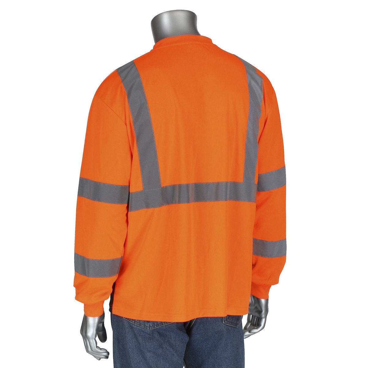 A mannequin features Hi-Visibility Apparel by wearing the PIP ANSI Type R Class 3 Black Bottom Shirt with 50+ UPF, a bright orange long-sleeve shirt from Protective Industrial Products. The shirt includes reflective gray safety stripes in both vertical and horizontal patterns for maximum visibility, complying with ANSI Type R Class 3 standards, paired with blue jeans.