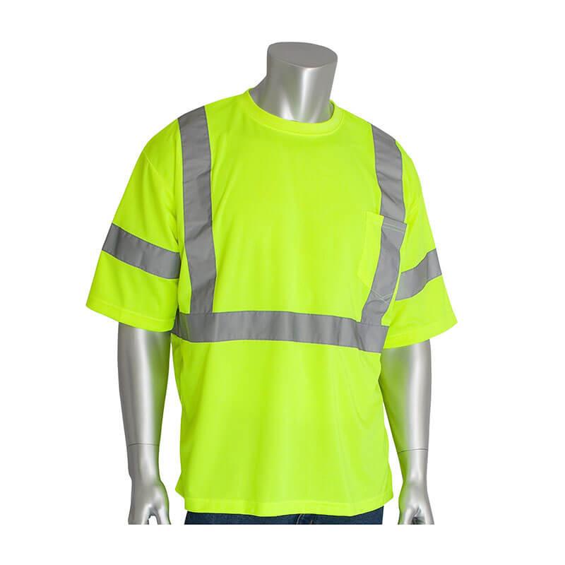 The mannequin displays the PIP Type R Class 3 X-Back T-Shirt by Protective Industrial Products, featuring a vibrant yellow color with reflective gray tape and a handy chest pocket, ensuring compliance with ANSI Type R Class 3 safety standards.