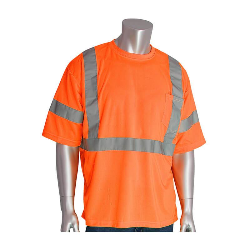 A mannequin displays the PIP Type R Class 3 X-Back T-Shirt from PIP - Protective Industrial Products, an ANSI Type R Class 3 garment featuring gray reflective tape across the chest, shoulders, and sleeves. This orange safety shirt includes a convenient pocket on the left side.