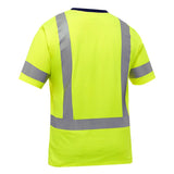 The PIP Bisley ANSI Type R Class 3 Short Sleeve T-Shirt 313M1118H, from Protective Industrial Products, is designed for high visibility with its bright yellow hue and reflective silver stripes. This hi-visibility apparel features reflective tape across the back and sleeves, set against a plain white background, meeting ANSI Type R Class 3 certification standards.