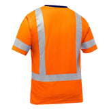 The PIP Bisley ANSI Type R Class 3 Short Sleeve T-Shirt 313M1118H by Protective Industrial Products is designed for maximum visibility with its orange color and reflective silver stripes on the back. This hi-visibility apparel features short sleeves and a crew neckline, strategically incorporating reflective tape to ensure comfort and safety.