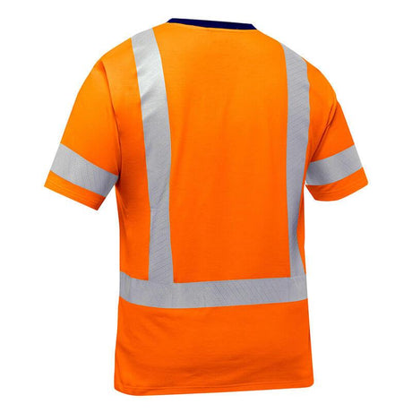 The PIP Bisley ANSI Type R Class 3 Short Sleeve T-Shirt 313M1118H by Protective Industrial Products is designed for maximum visibility with its orange color and reflective silver stripes on the back. This hi-visibility apparel features short sleeves and a crew neckline, strategically incorporating reflective tape to ensure comfort and safety.