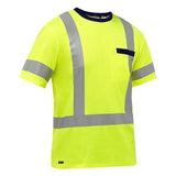 The PIP Bisley X-Back Short Sleeve Shirt 313M1118X by Protective Industrial Products is a high-visibility, bright yellow T-shirt with reflective silver stripes on the chest and shoulders. Made from performance wicking fabric, it includes a small chest pocket on the left side and provides UPF 50+ protection.