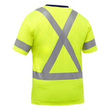 Back view of the PIP Bisley X-Back Short Sleeve Shirt 313M1118X in bright yellow, crafted from performance wicking fabric and accented with reflective gray stripes forming an "X" on the back, along with stripes around the waist and sleeves. This ANSI Type R Class 3 garment also provides UPF 50+ protection.