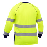 Presenting the PIP Bisley Long Sleeve Shirt w/Navy Bottom 313M6118T by Protective Industrial Products, a bright yellow Hi-Vis shirt highlighted with reflective gray stripes on the chest, back, and arms. Crafted with dark blue cuffs and a collar for enhanced visibility in low-light settings, this shirt is also treated with an antimicrobial finish to keep you feeling fresh all day long.