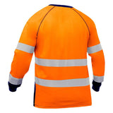 The PIP Bisley Long Sleeve Shirt w/Navy Bottom 313M6118T, from Protective Industrial Products, is a high-visibility garment in bright orange complemented by reflective silver tape across the chest, back, and arms. It features long sleeves with navy cuffs and collar for added contrast. The fabric also includes an antimicrobial treatment to ensure freshness throughout your workday.