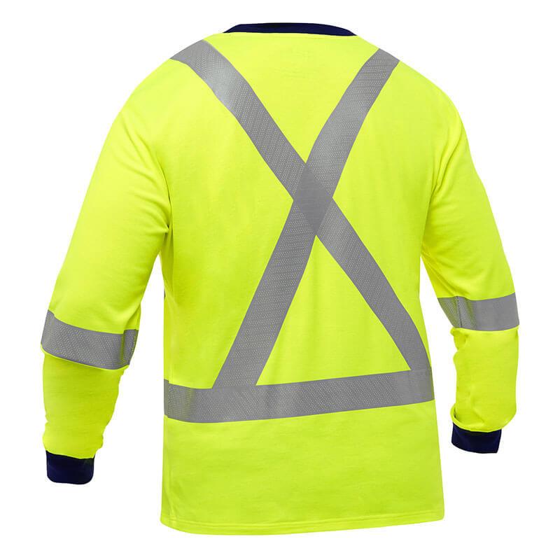 The PIP Bisley X-Back Long Sleeve Shirt 313M6118X, by Protective Industrial Products, showcases a vibrant yellow design with reflective silver tape in an X pattern on the back and horizontal stripes around the elbows. Its dark blue cuffs add to its stylish appearance, while its ANSI Type R Class 3 design guarantees high visibility.