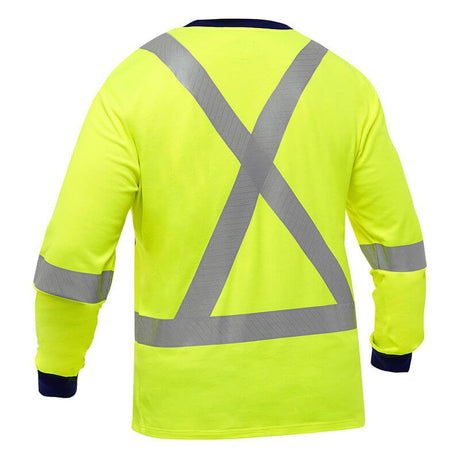 The PIP Bisley X-Back Long Sleeve Shirt 313M6118X, by Protective Industrial Products, showcases a vibrant yellow design with reflective silver tape in an X pattern on the back and horizontal stripes around the elbows. Its dark blue cuffs add to its stylish appearance, while its ANSI Type R Class 3 design guarantees high visibility.