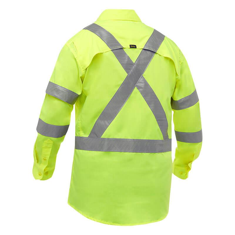 The PIP Bisley X-Back Long Sleeve Work Shirt w/X-Airflow 313M6490X by Protective Industrial Products is a bright yellow hi-vis shirt that features reflective silver stripes in an "X" pattern on the back and horizontal stripes on the arms. This collared, button-up design with long sleeves provides safety and comfort for any work environment.