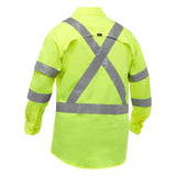 The PIP Bisley X-Back Long Sleeve Work Shirt w/X-Airflow 313M6490X by Protective Industrial Products is a bright yellow hi-vis shirt that features reflective silver stripes in an "X" pattern on the back and horizontal stripes on the arms. This collared, button-up design with long sleeves provides safety and comfort for any work environment.