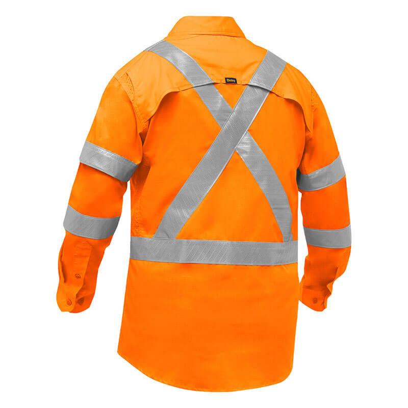 The PIP Bisley X-Back Long Sleeve Work Shirt w/X-Airflow 313M6490X by Protective Industrial Products showcases a bright orange hue with reflective tape arranged in an "X" pattern on the back. Its sleeves feature horizontal reflective bands, ensuring optimal visibility. Designed to prioritize both safety and comfort, this shirt is displayed from the back for maximum effect.