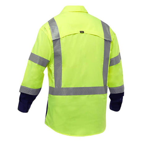 The PIP Bisley Long Sleeve Work Shirt w/X-Airflow 313M6491H by Protective Industrial Products is an ANSI Class 3 high-visibility work shirt with reflective silver strips on the back and arms. It features a vibrant yellow-green color with navy blue lower sleeves and is designed with X-Airflow Ventilation for enhanced comfort during active workdays.